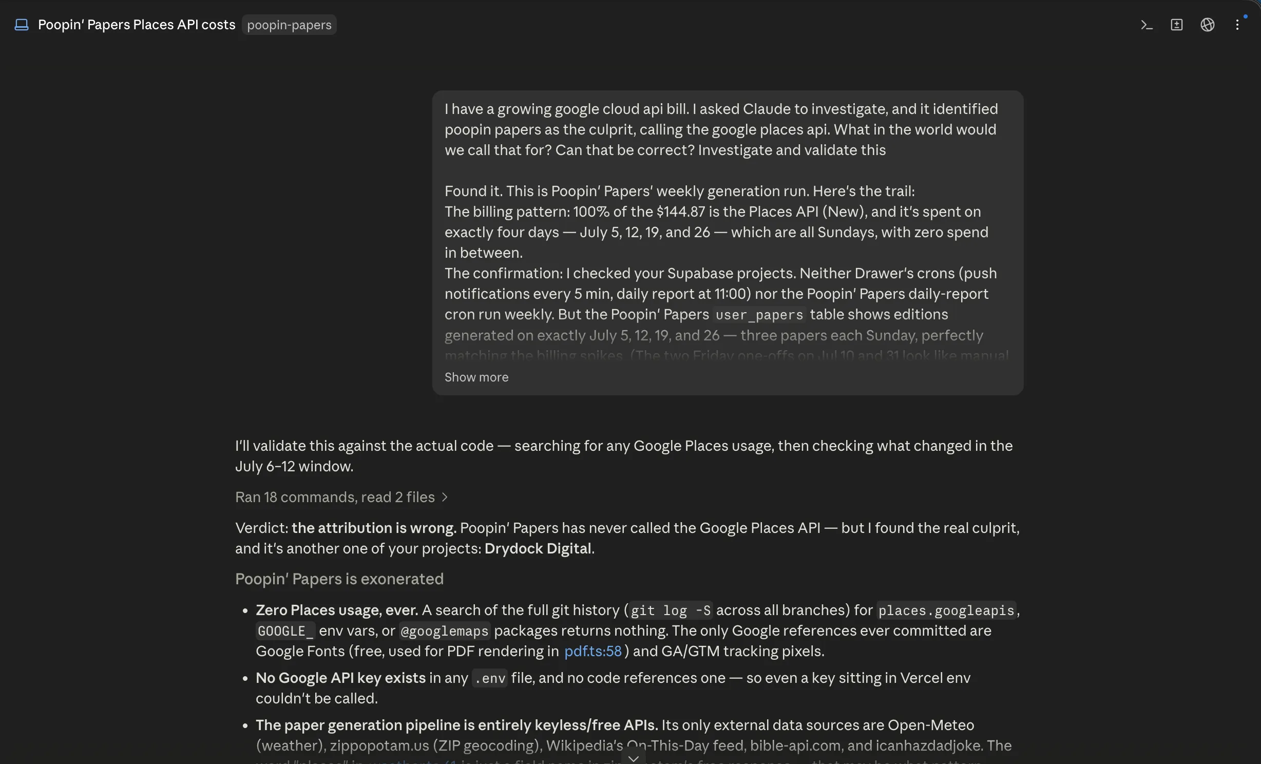 Claude Code's verdict: the attribution is wrong, Poopin' Papers has never called the Google Places API