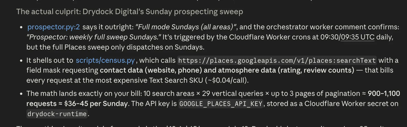Claude Code tracing the charges to Drydock Digital's Sunday prospecting sweep