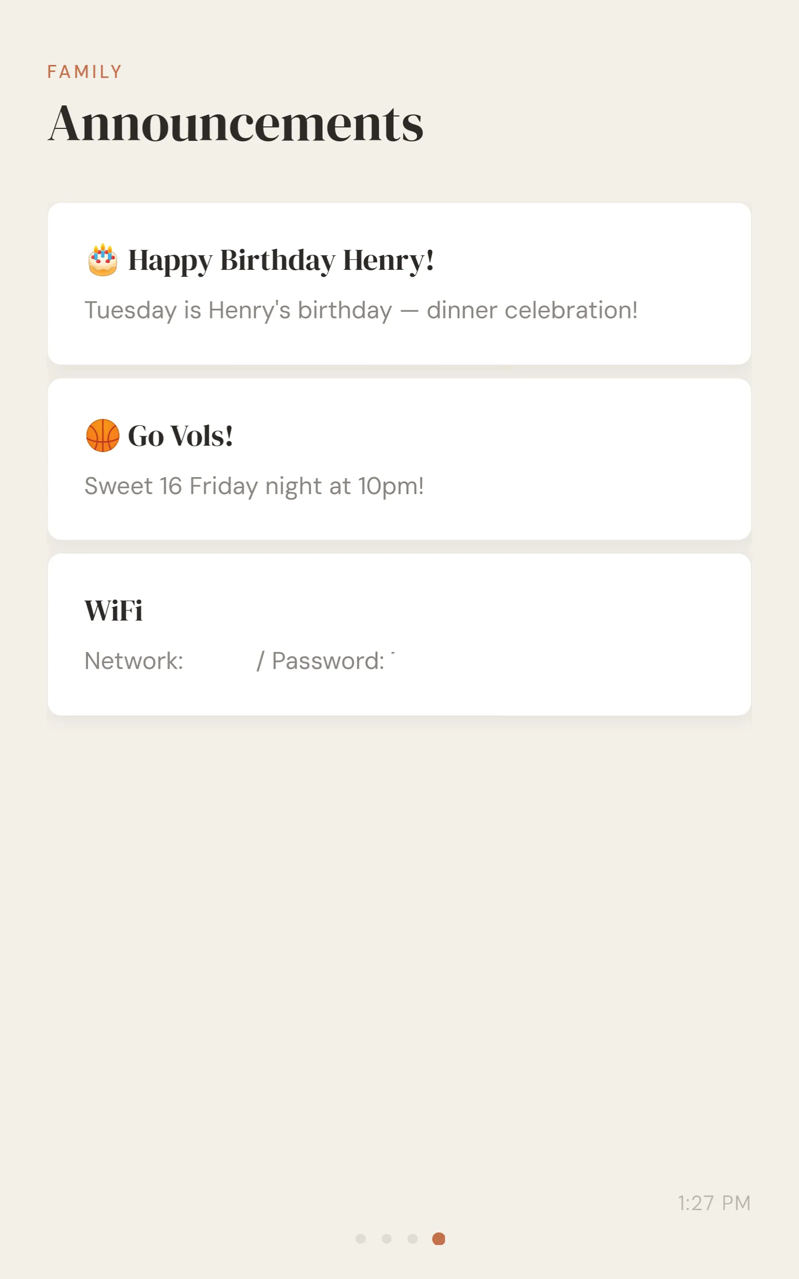 Announcements screen